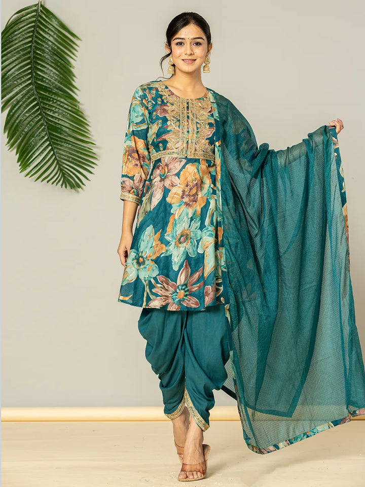 Cotton Teal Blue Zari_Work Kurta Dhoti Dupatta Set