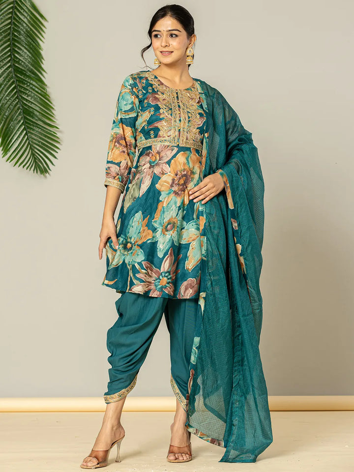 Cotton Teal Blue Zari_Work Kurta Dhoti Dupatta Set