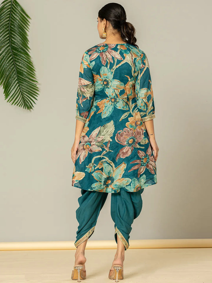 Cotton Teal Blue Zari_Work Kurta Dhoti Dupatta Set