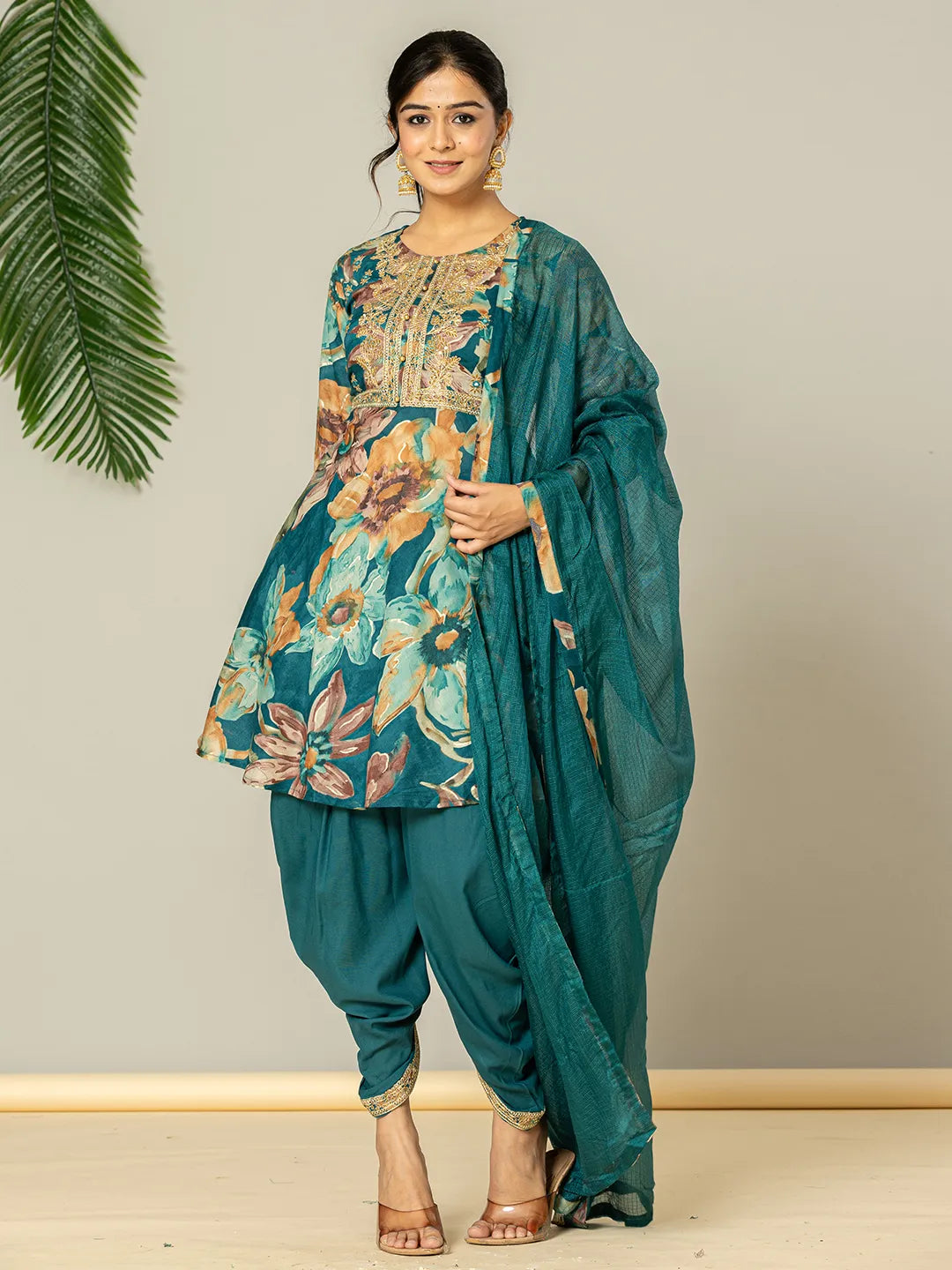 Cotton Teal Blue Zari_Work Kurta Dhoti Dupatta Set