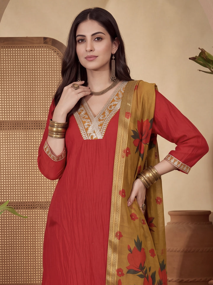 Red Chanderi A-Line Dori-Embroidery Kurta Set With Pant And Dupatta