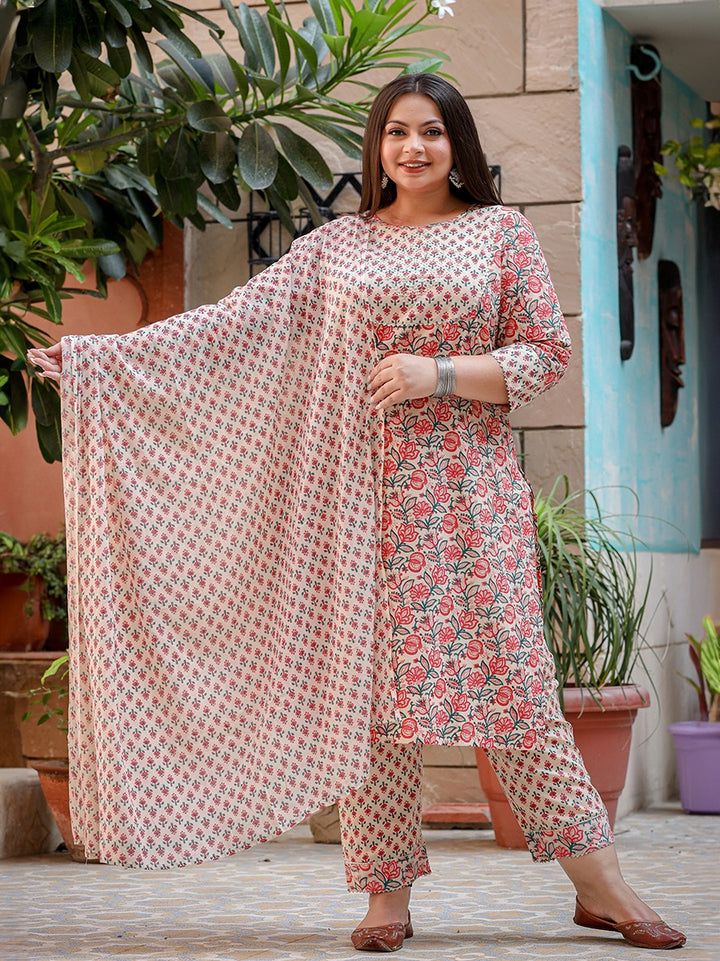 Plus Size Floral Printed Regular Pure Cotton Kurta with Trousers & Dupatta