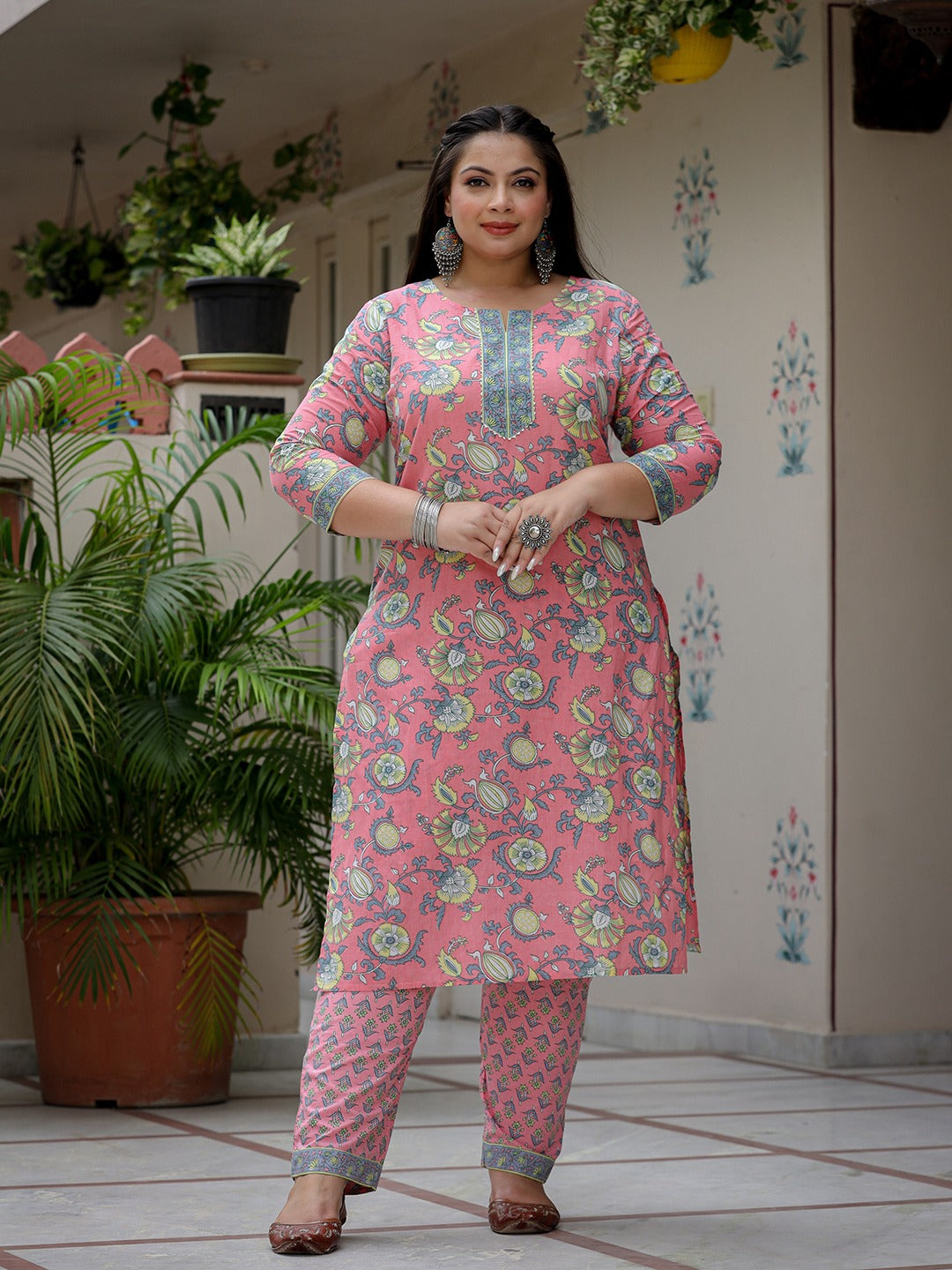 Plus Size Peach Floral Printed Regular Pure Cotton Kurta with Trousers & With Dupatta