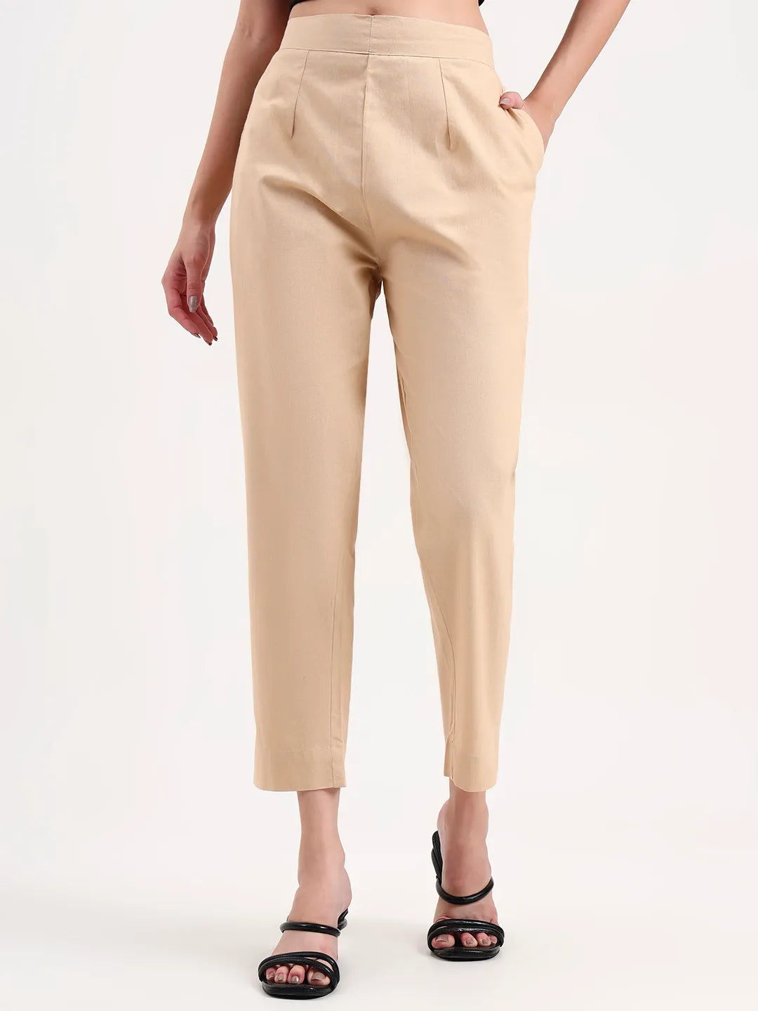 Beige Woven Cotton Flex Trousers Slim Fit Regular Pant
