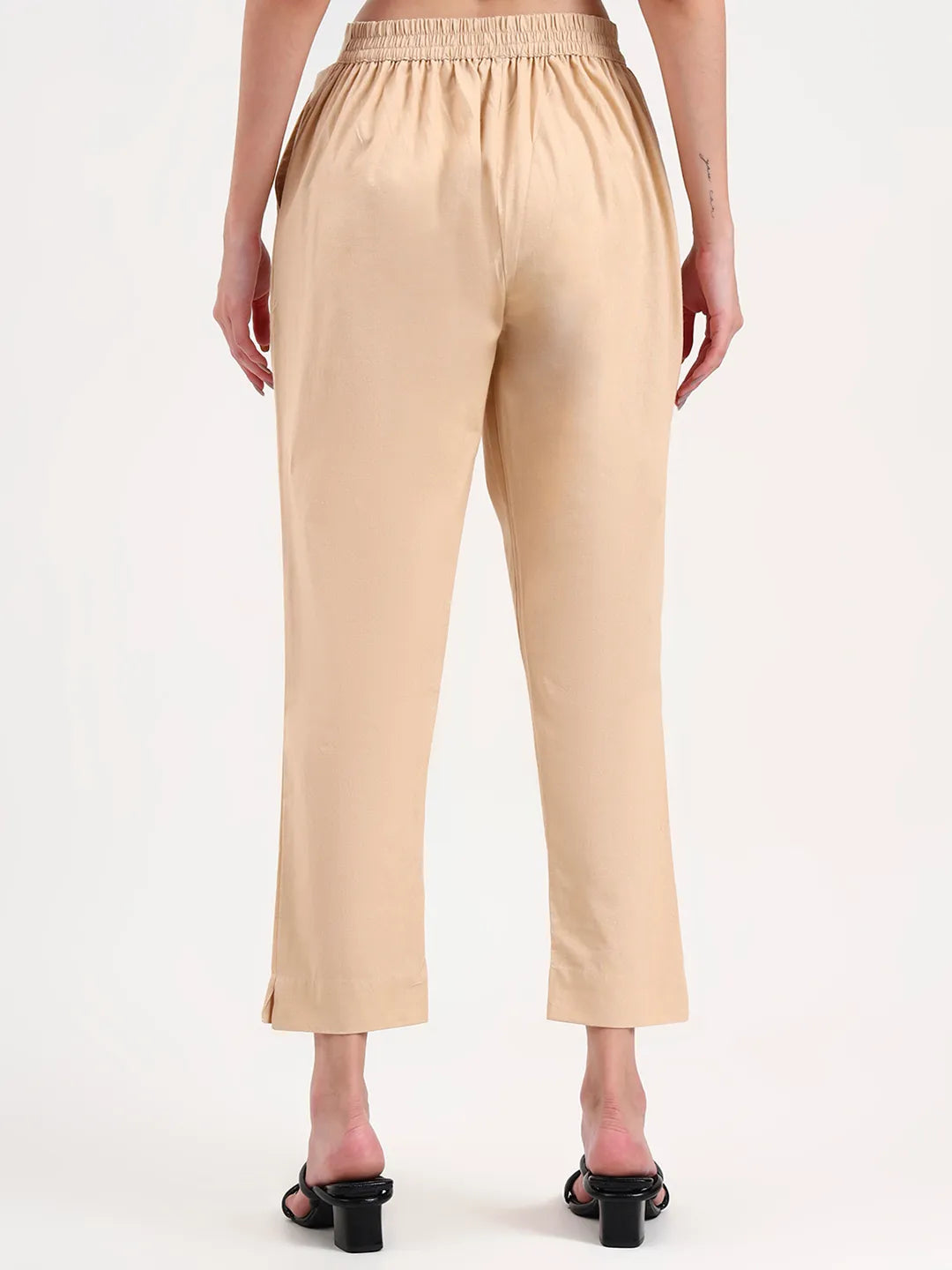Beige Woven Cotton Flex Trousers Slim Fit Regular Pant