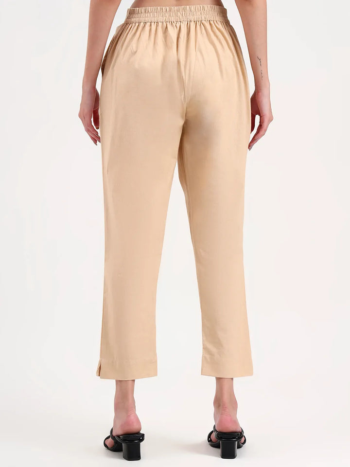 Beige Woven Cotton Flex Trousers Slim Fit Regular Pant