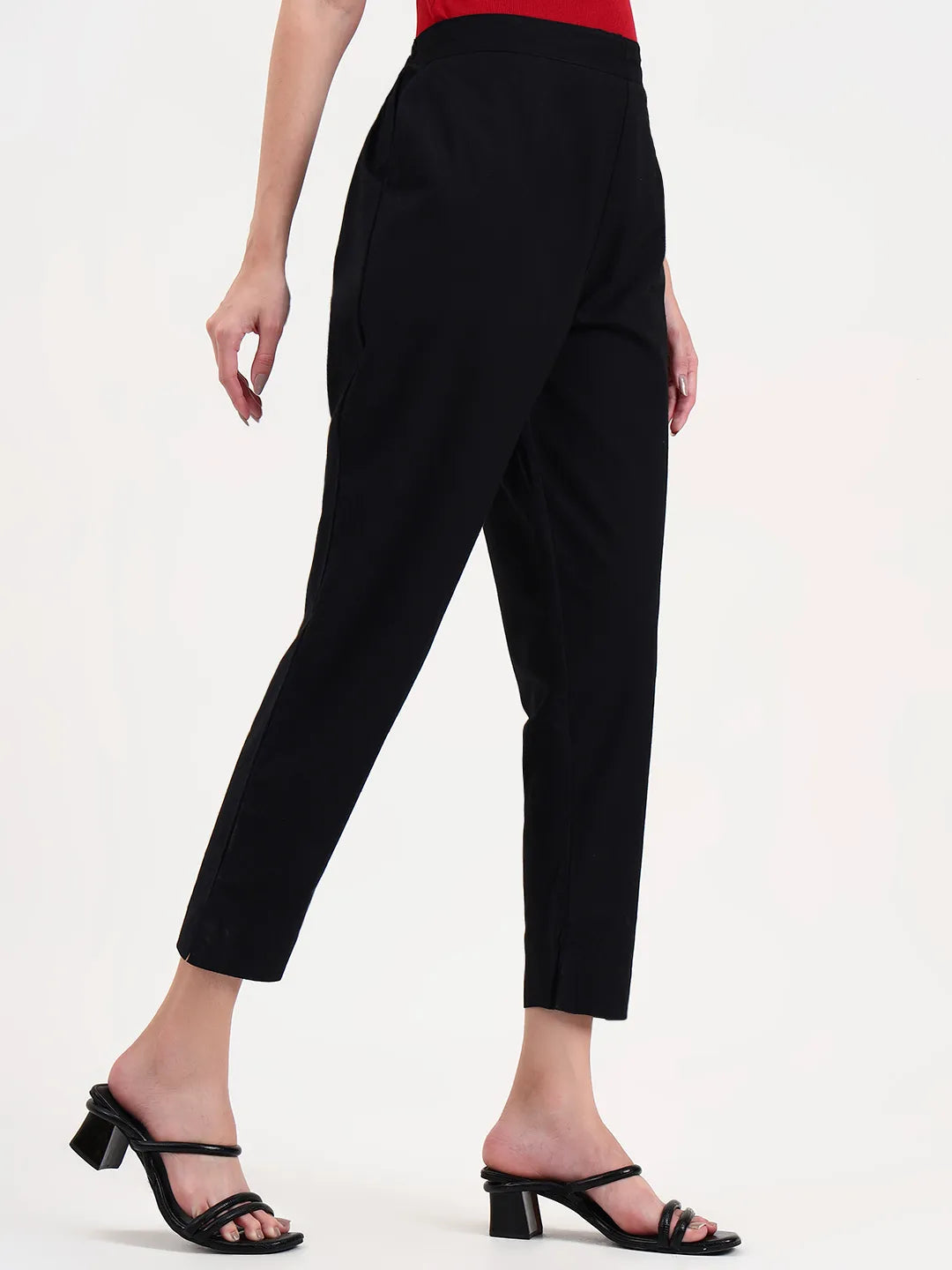 Black Woven Cotton Flex Trousers Slim Fit Regular Pant