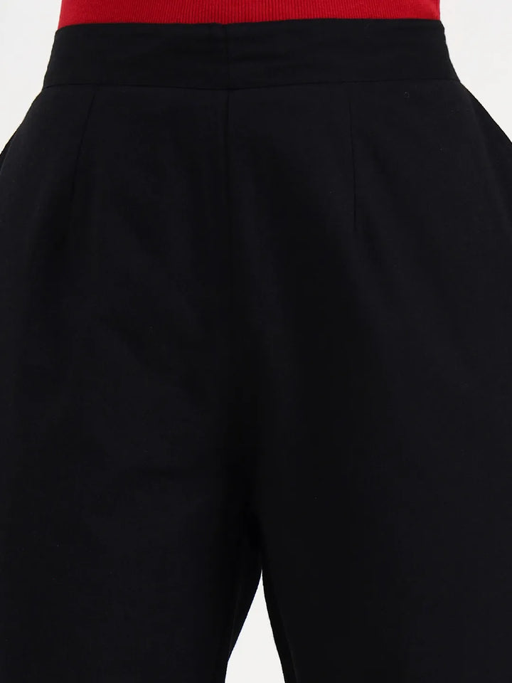 Black Woven Cotton Flex Trousers Slim Fit Regular Pant