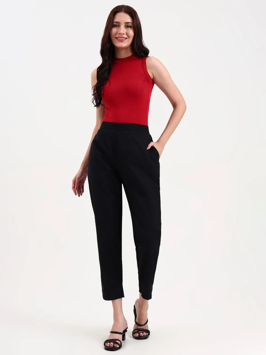 Black Woven Cotton Flex Trousers Slim Fit Regular Pant