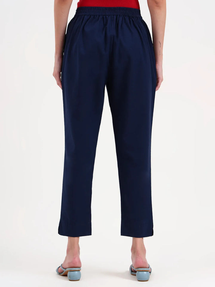 Navy Blue Woven Cotton Flex Trousers Slim Fit Regular Pant