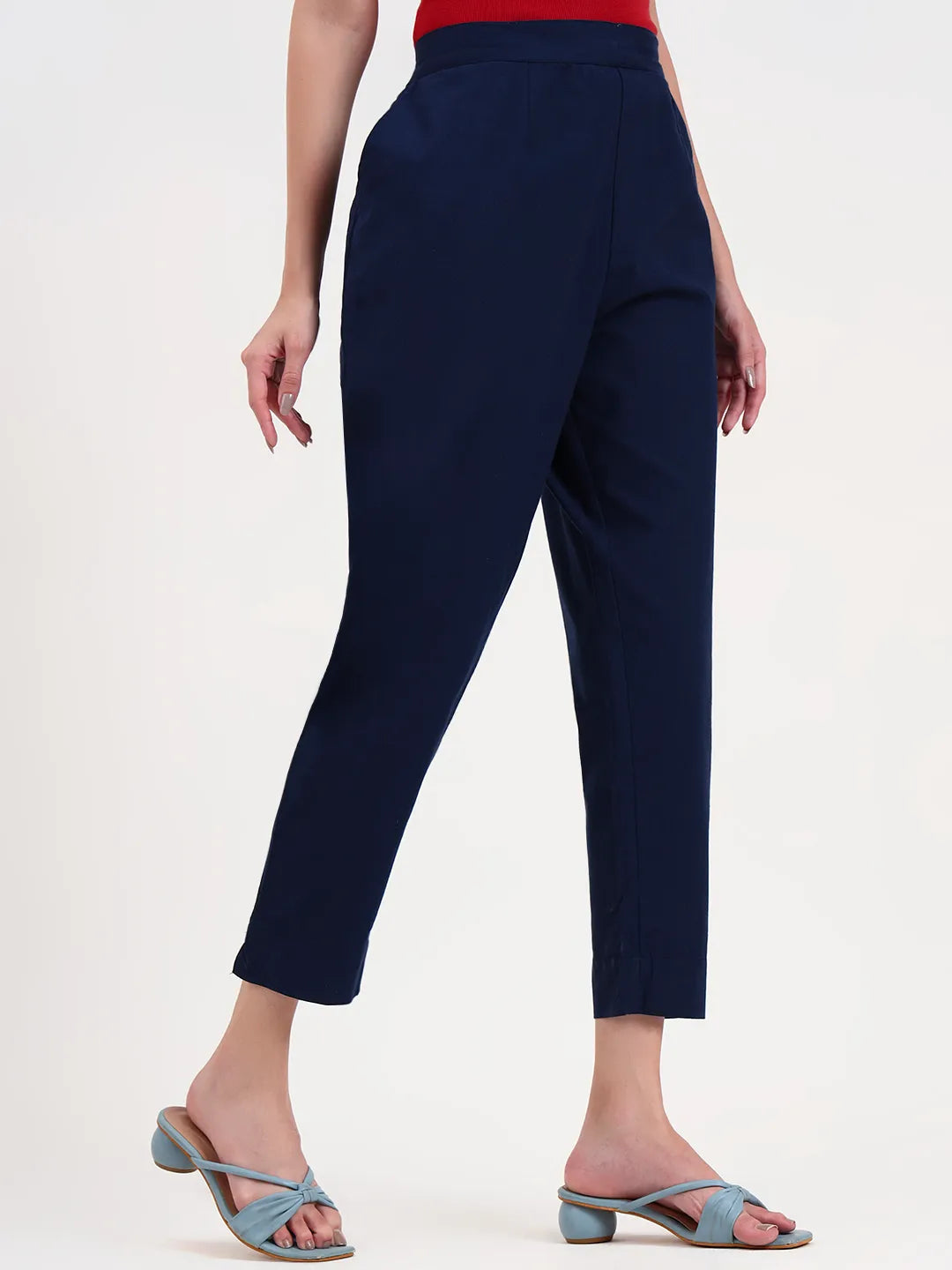 Navy Blue Woven Cotton Flex Trousers Slim Fit Regular Pant