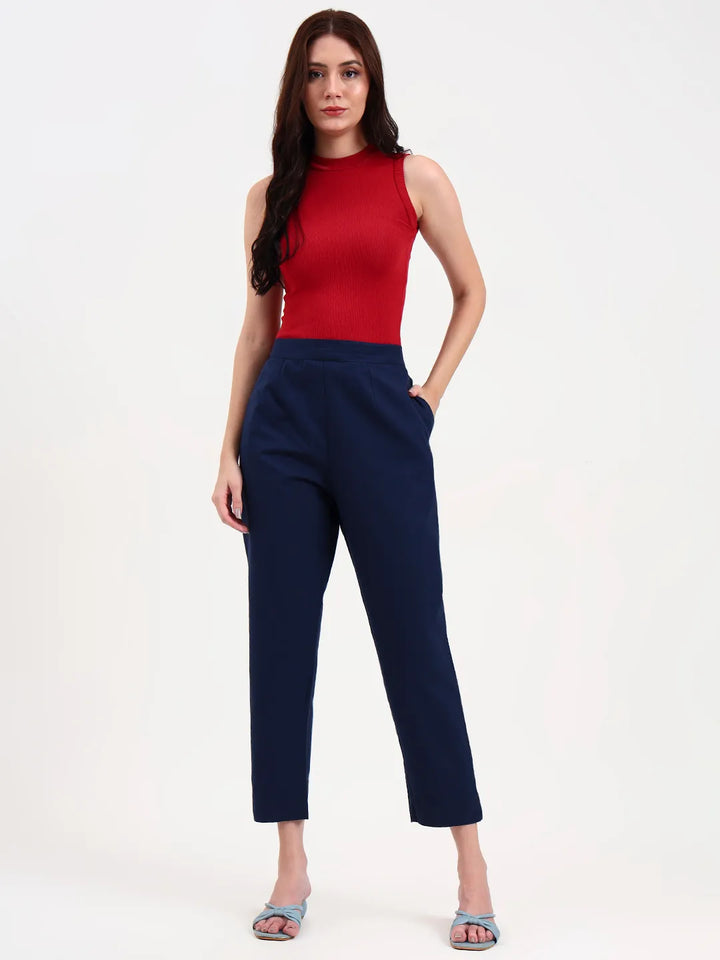 Navy Blue Woven Cotton Flex Trousers Slim Fit Regular Pant