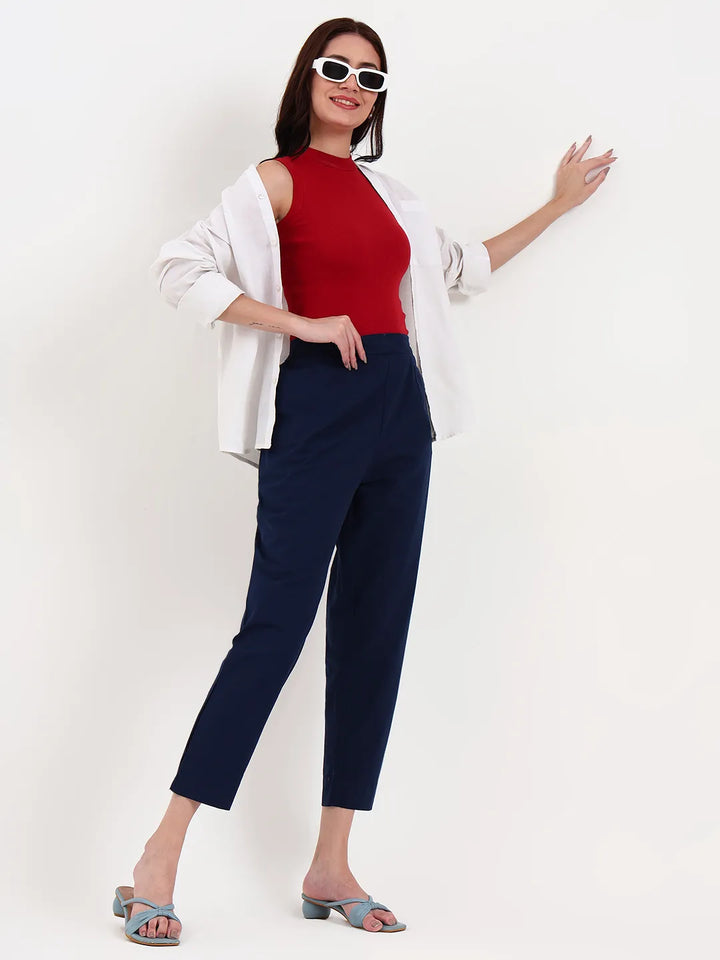 Navy Blue Woven Cotton Flex Trousers Slim Fit Regular Pant