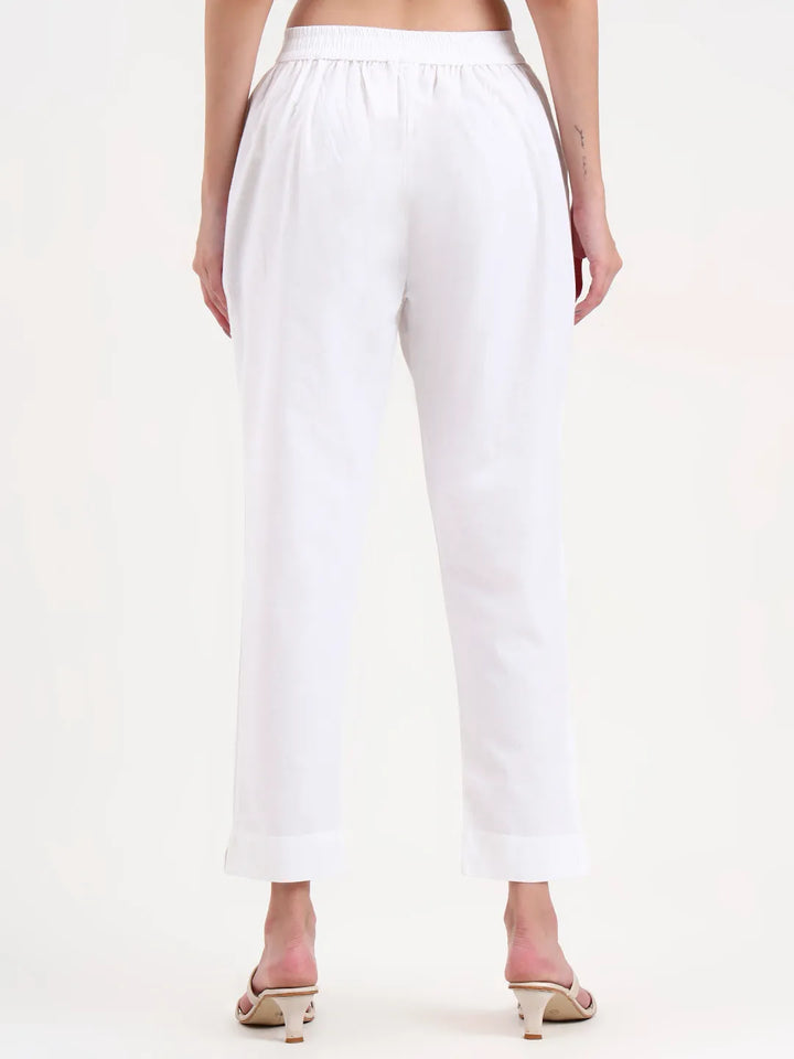 White Woven Cotton Flex Trousers Slim Fit Regular Pant