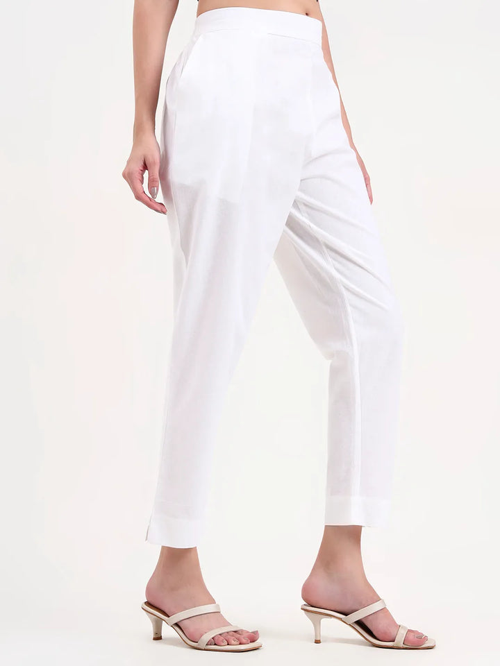 White Woven Cotton Flex Trousers Slim Fit Regular Pant