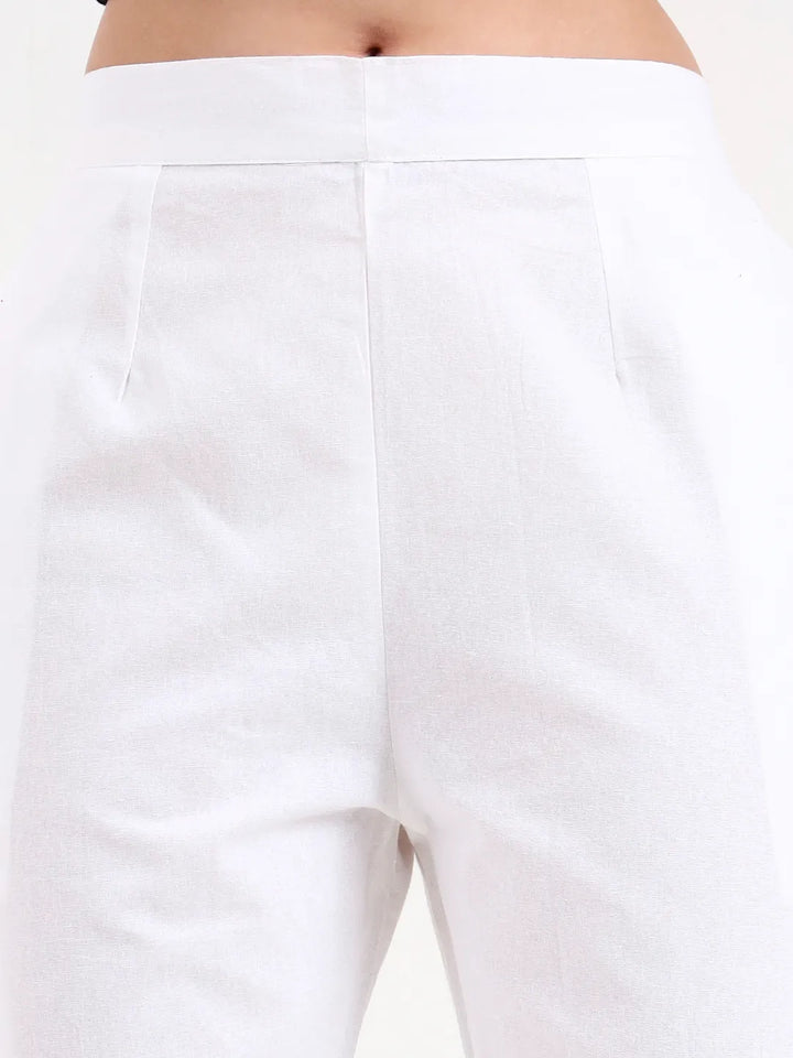 White Woven Cotton Flex Trousers Slim Fit Regular Pant