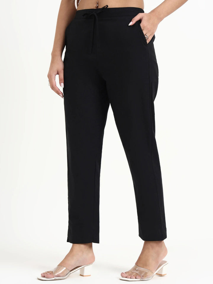 Black Mid-Rise Ankle-Length Regular Fit Poplin Pants