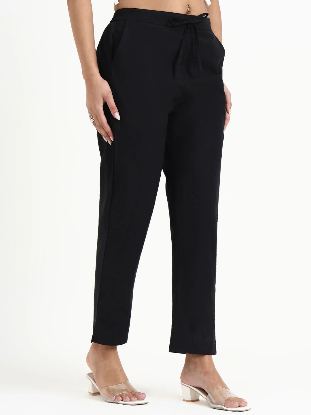 Black Mid-Rise Ankle-Length Regular Fit Poplin Pants
