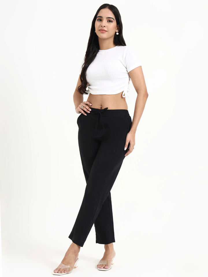 Black Mid-Rise Ankle-Length Regular Fit Poplin Pants