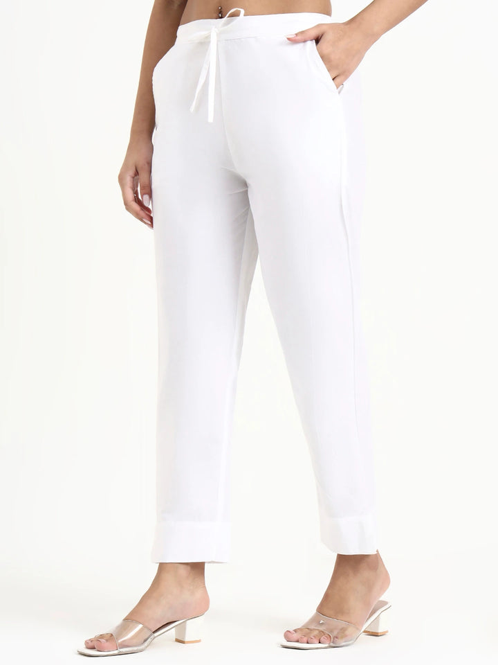 White Mid-Rise Ankle-Length Regular Fit Poplin Pants