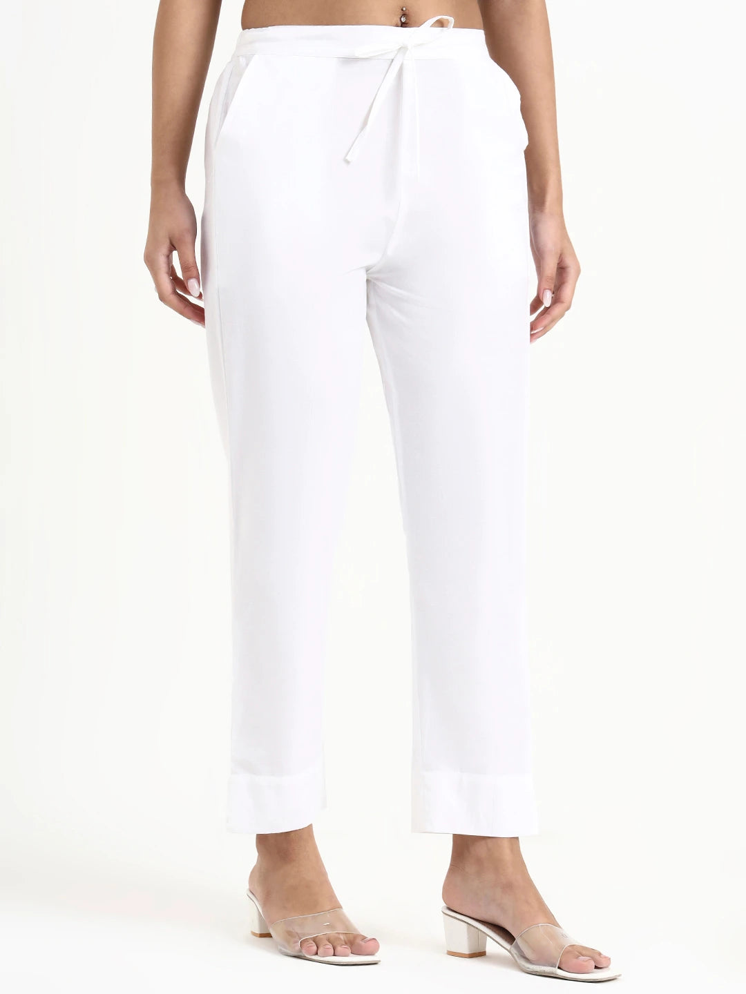 White Mid-Rise Ankle-Length Regular Fit Poplin Pants