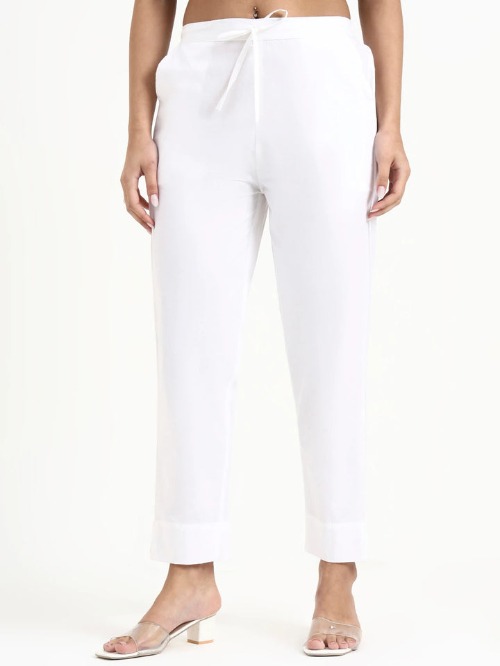 White Mid-Rise Ankle-Length Regular Fit Poplin Pants