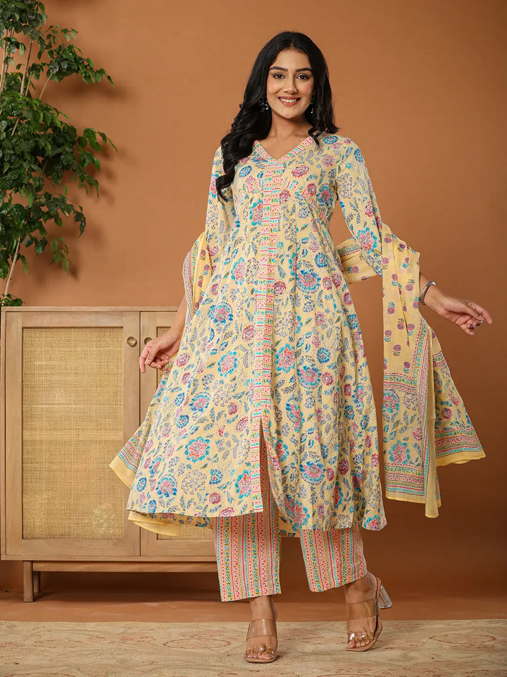 cotton yellow kurta dupatta set-Yufta Store-6016SKDYLS