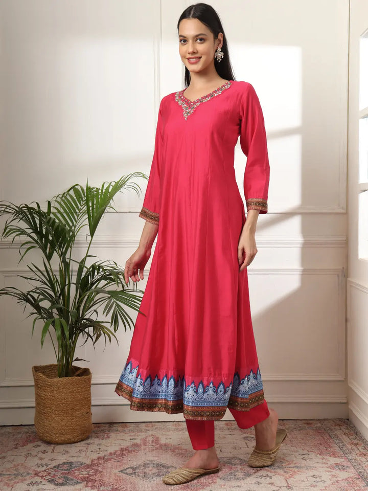 Pink Anarkali Silk Blend Kurta Set With Pant And Dupatta With Cotton Lining