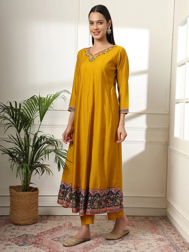 Mustard Anarkali Silk Blend Kurta Dupatta Set