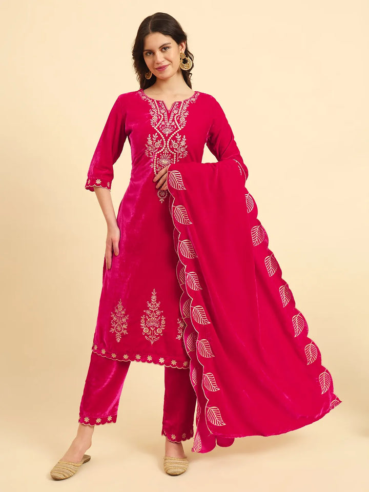 Pink Velvet Kurta Trouser And Dupatta Set With Embroidery