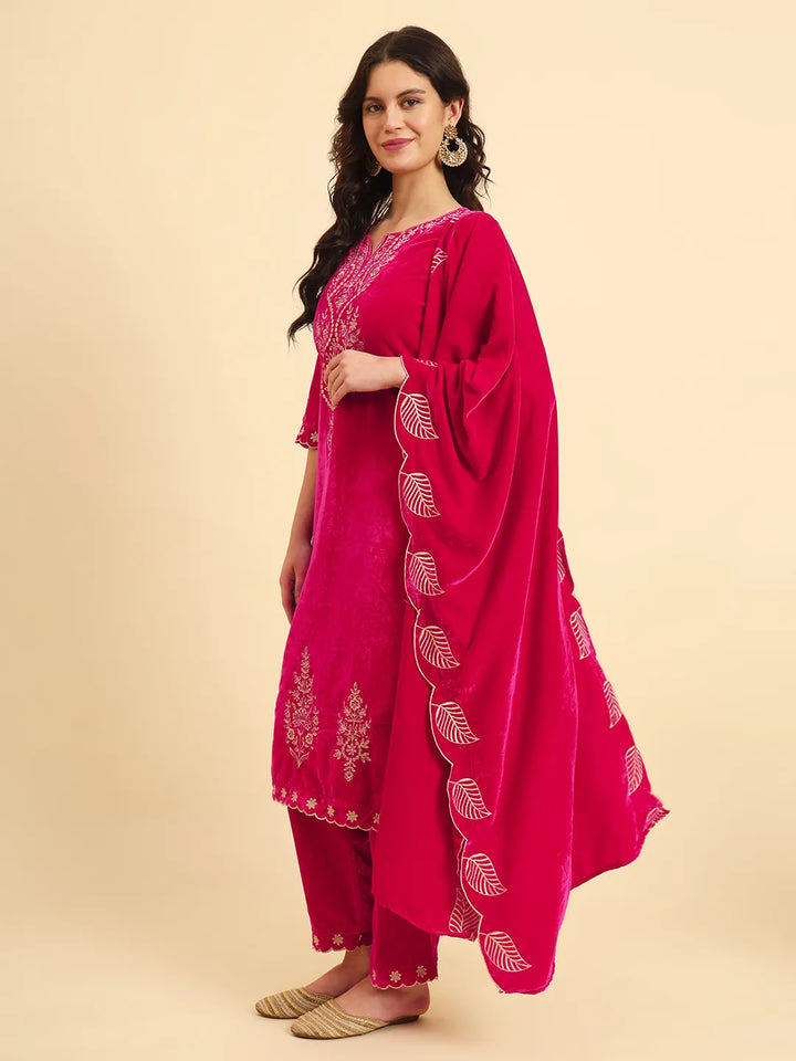 Pink Velvet Kurta Trouser And Dupatta Set With Embroidery