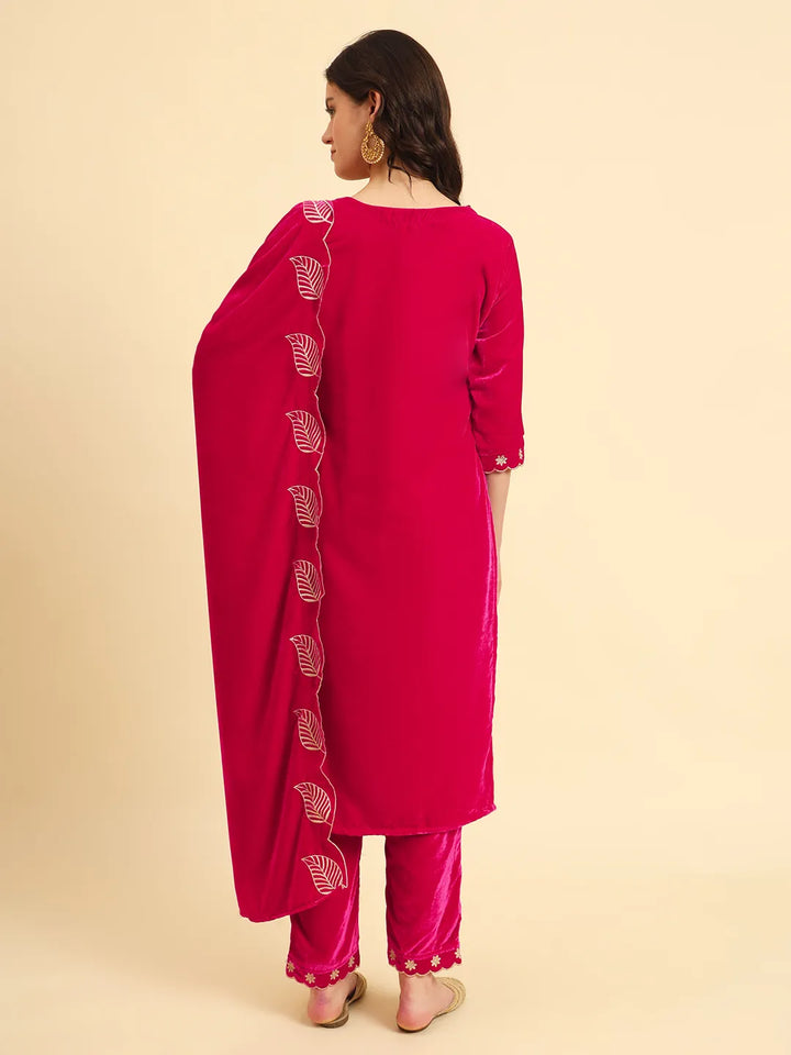 Pink Velvet Kurta Trouser And Dupatta Set With Embroidery