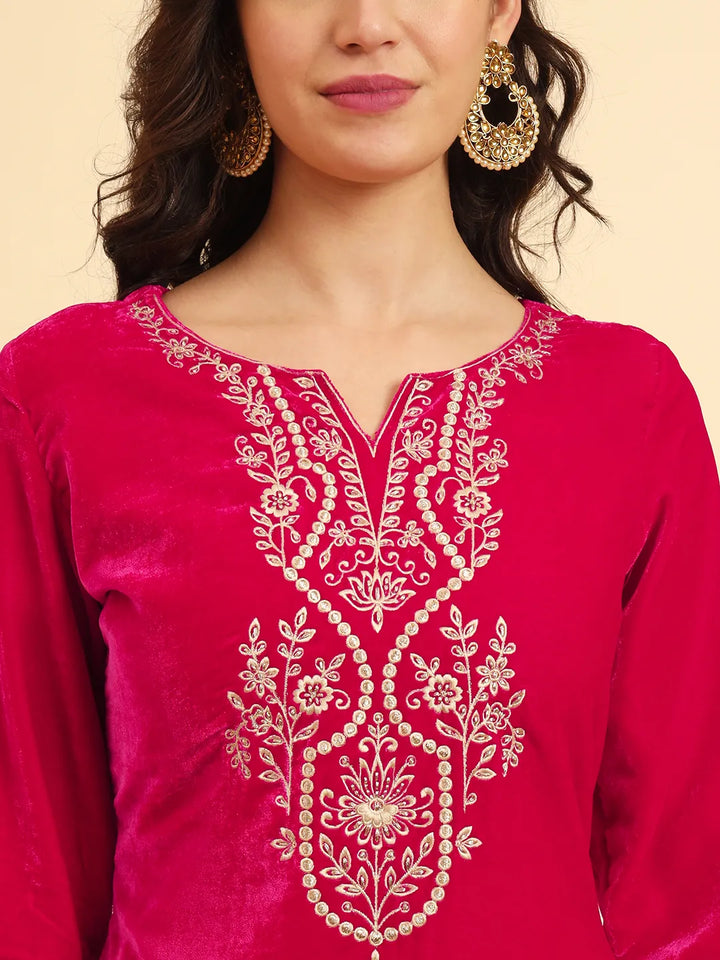 Pink Velvet Kurta Trouser And Dupatta Set With Embroidery