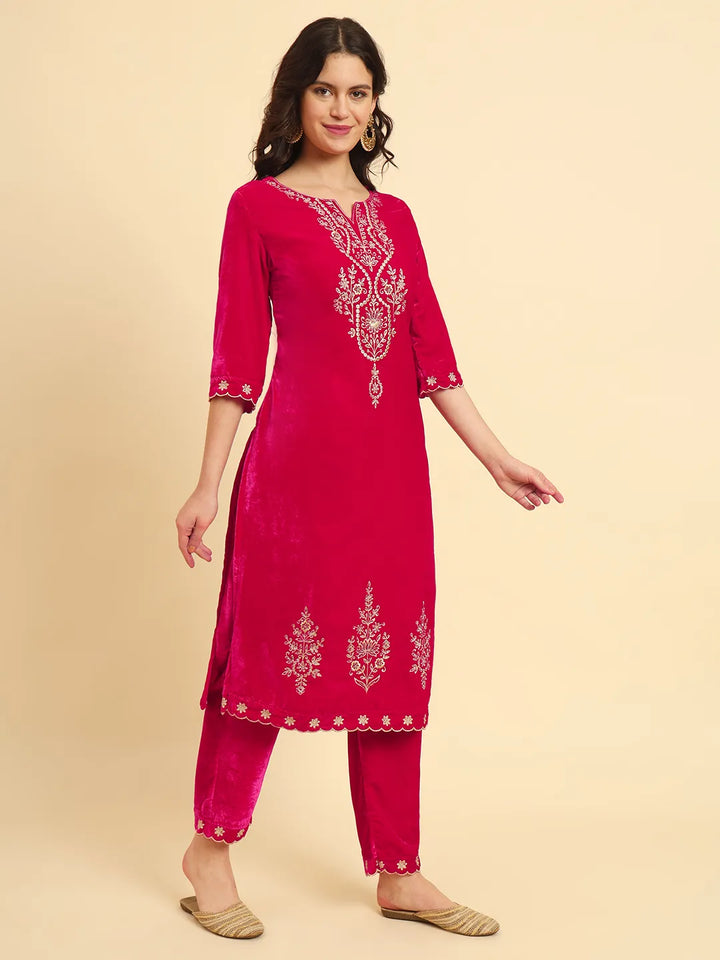 Pink Velvet Kurta Trouser And Dupatta Set With Embroidery