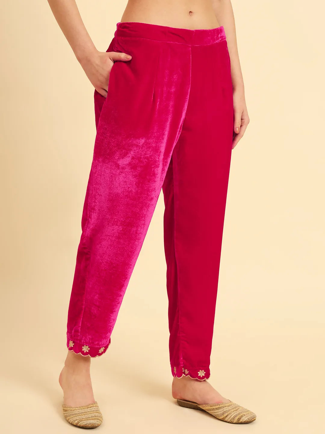 Pink Velvet Kurta Trouser And Dupatta Set With Embroidery