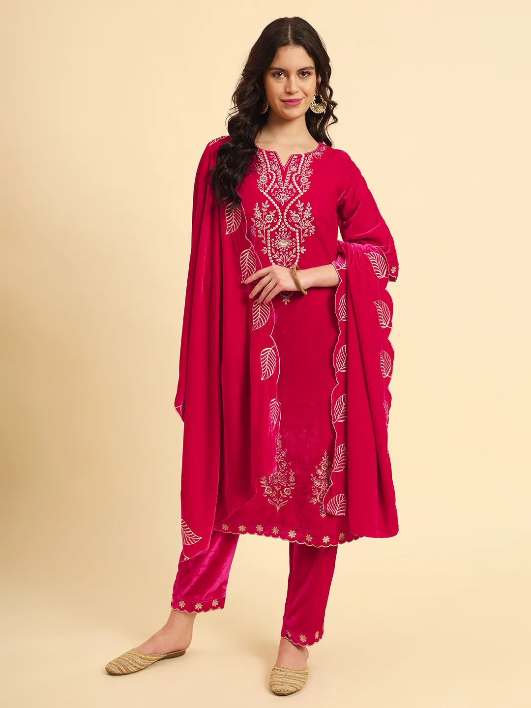 Pink Velvet Kurta Trouser And Dupatta Set With Embroidery