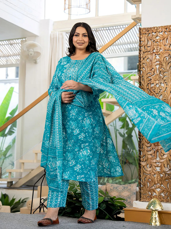 Blue Thread_Work Cotton Straight Plus Size Kurta Trouser & Dupatta Set