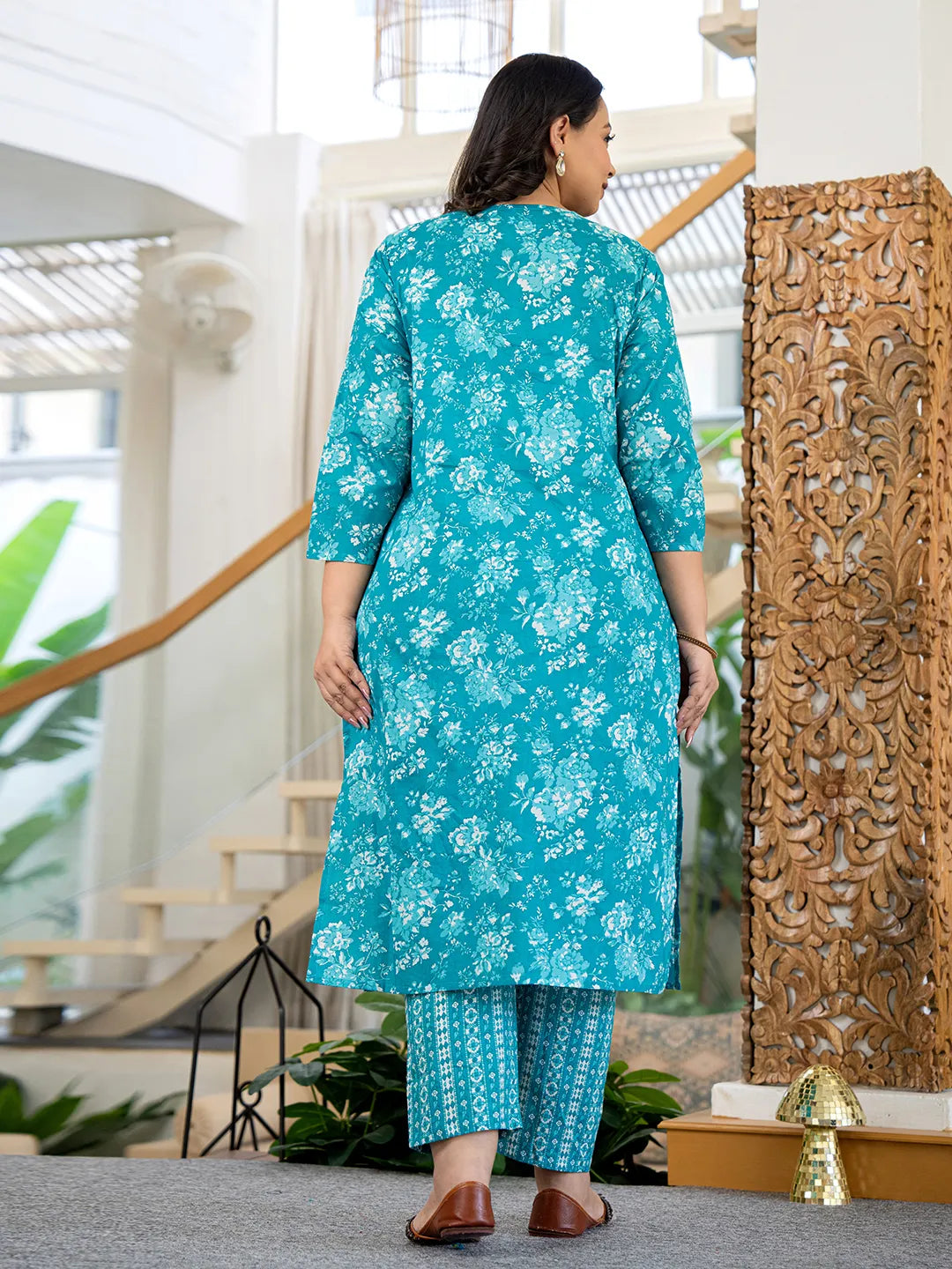 Blue Thread_Work Cotton Straight Plus Size Kurta Trouser & Dupatta Set