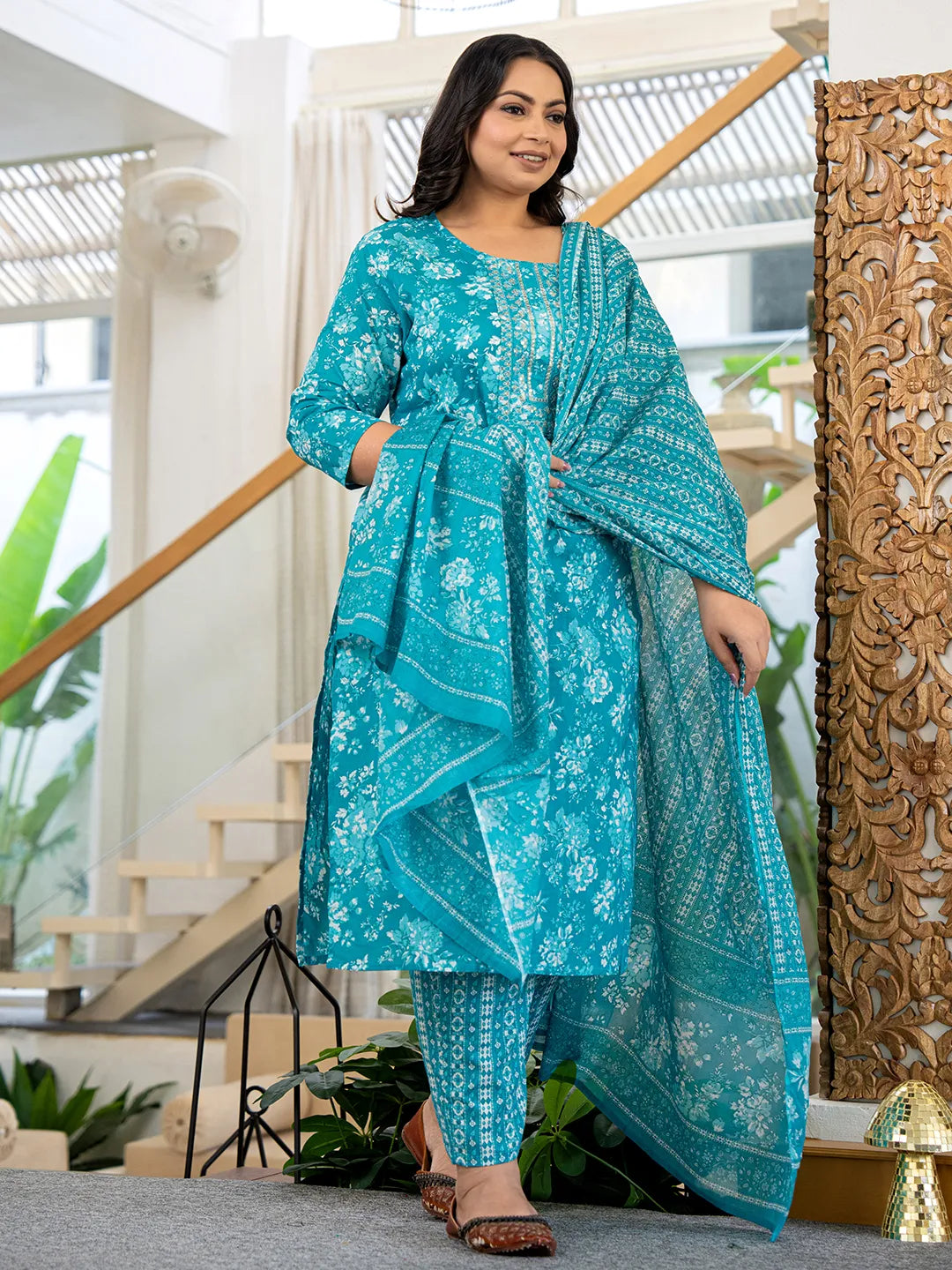 Blue Thread_Work Cotton Straight Plus Size Kurta Trouser & Dupatta Set