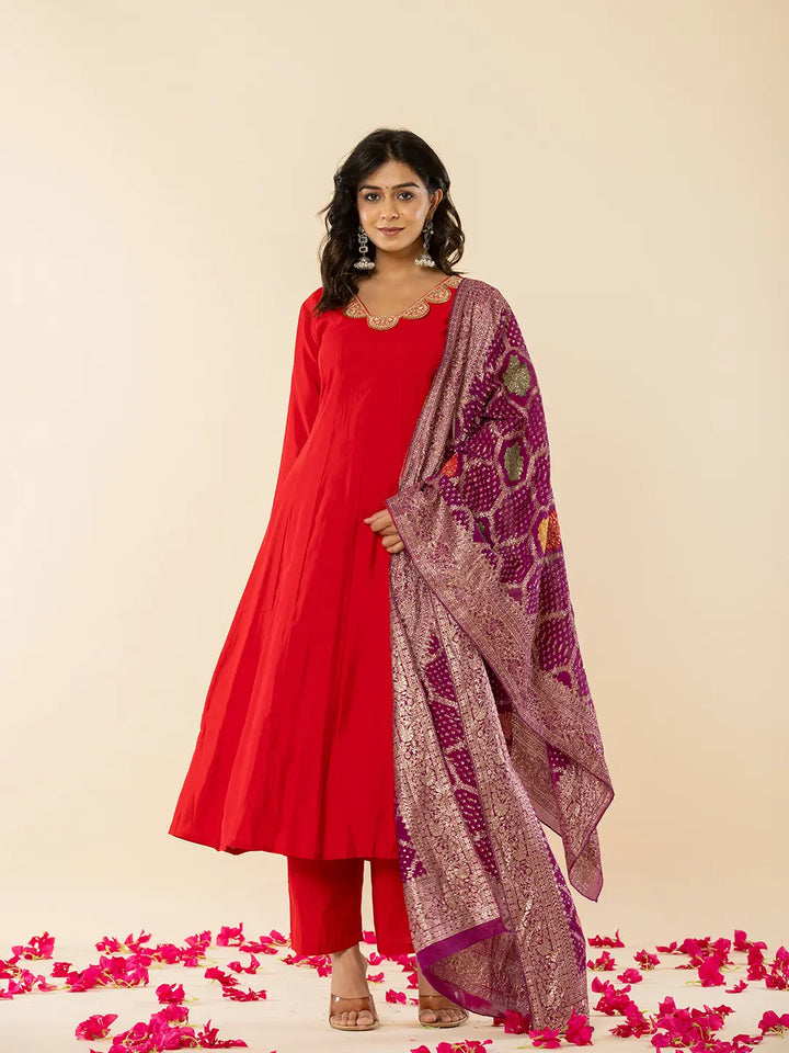 Red Silk Blend Anarkali Kurta Dupatta Set