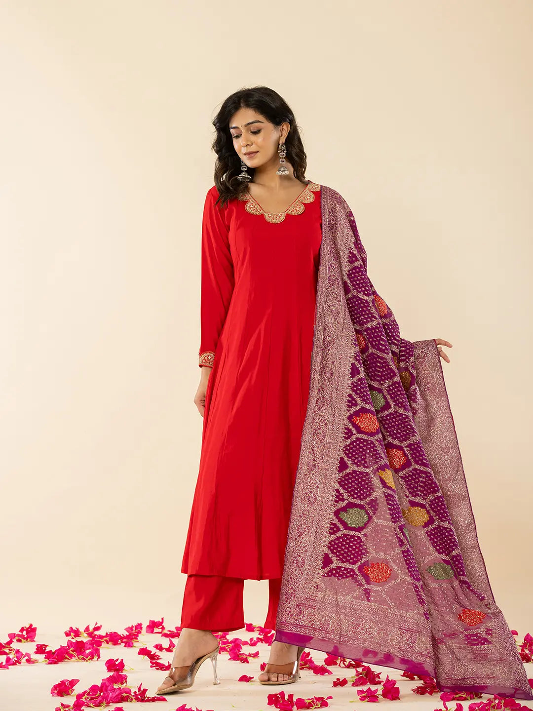 Red Silk Blend Anarkali Kurta Dupatta Set