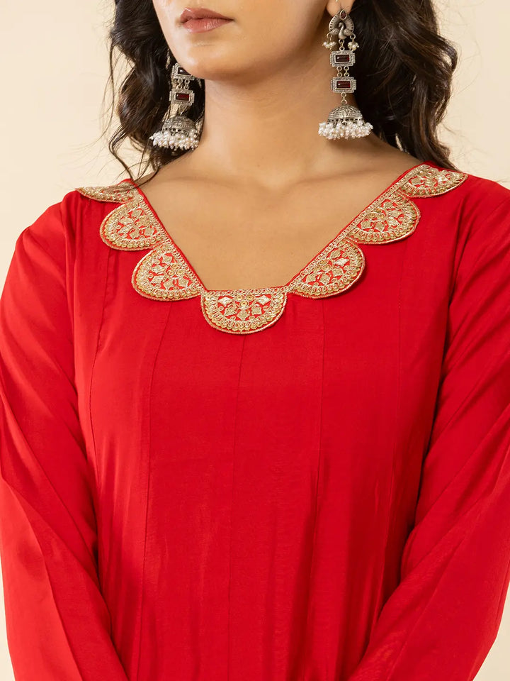 Red Silk Blend Anarkali Kurta Dupatta Set