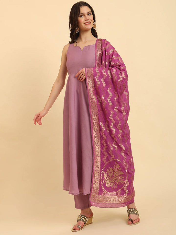 Purple Silk Sleeveless Kurta With Pant Banarasi Dupatta Set