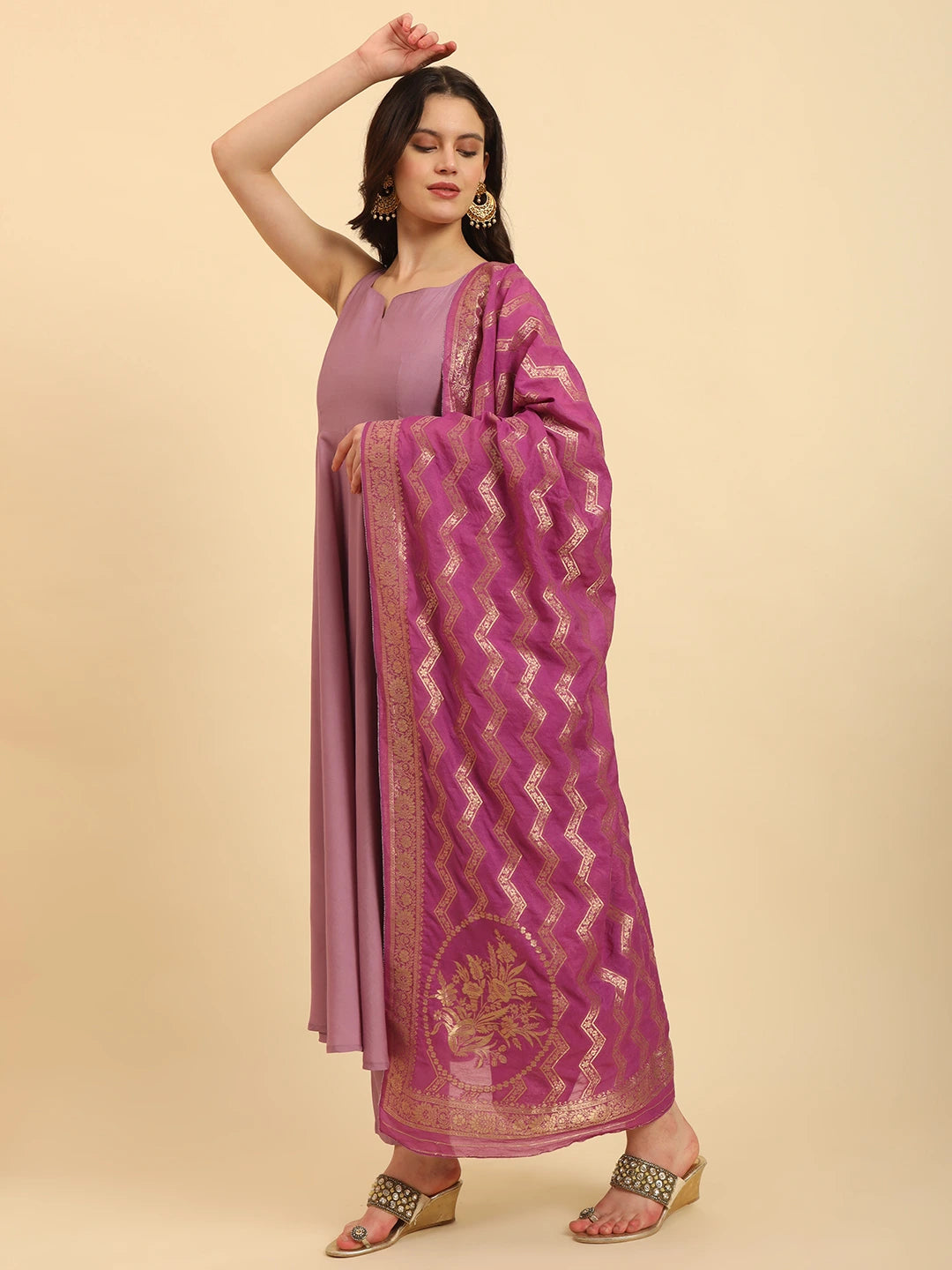 Purple Silk Sleeveless Kurta With Pant Banarasi Dupatta Set