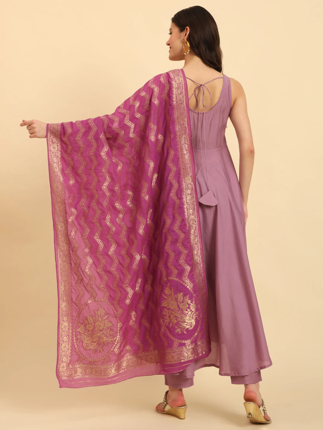 Purple Silk Sleeveless Kurta With Pant Banarasi Dupatta Set