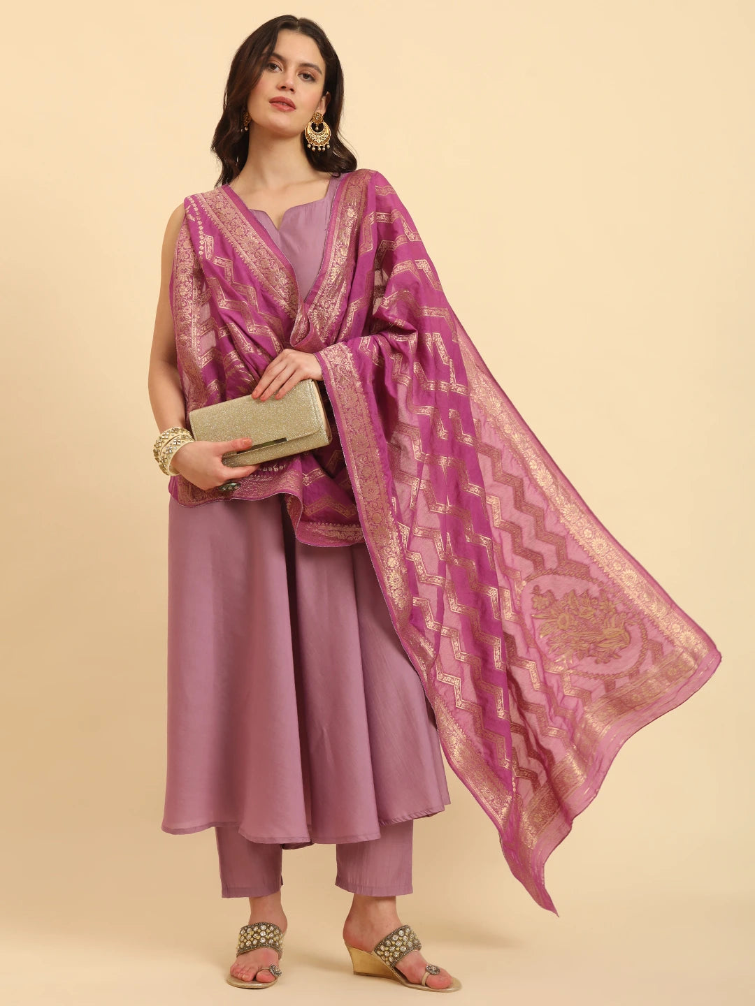 Purple Silk Sleeveless Kurta With Pant Banarasi Dupatta Set