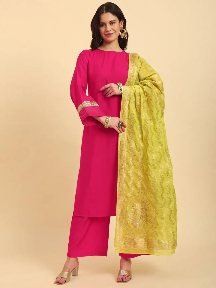 Pink Silk Flared Sleeves Kurta With Palazzo Banarasi Dupatta Set