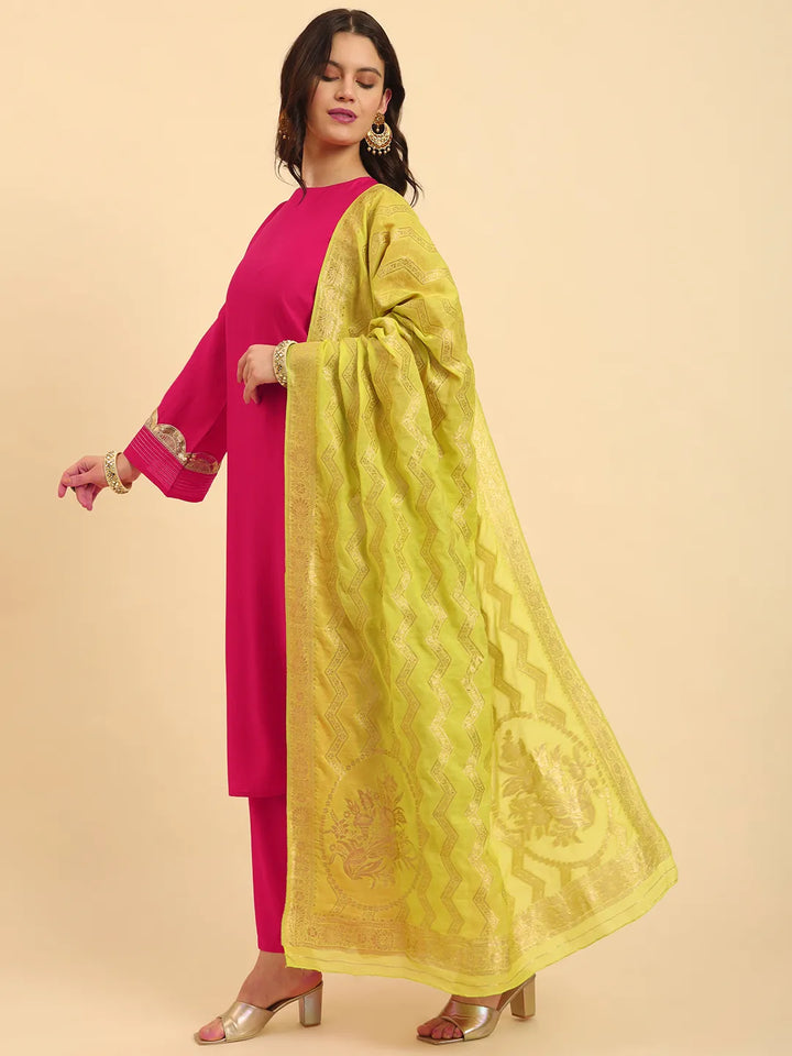 Pink Silk Flared Sleeves Kurta With Palazzo Banarasi Dupatta Set