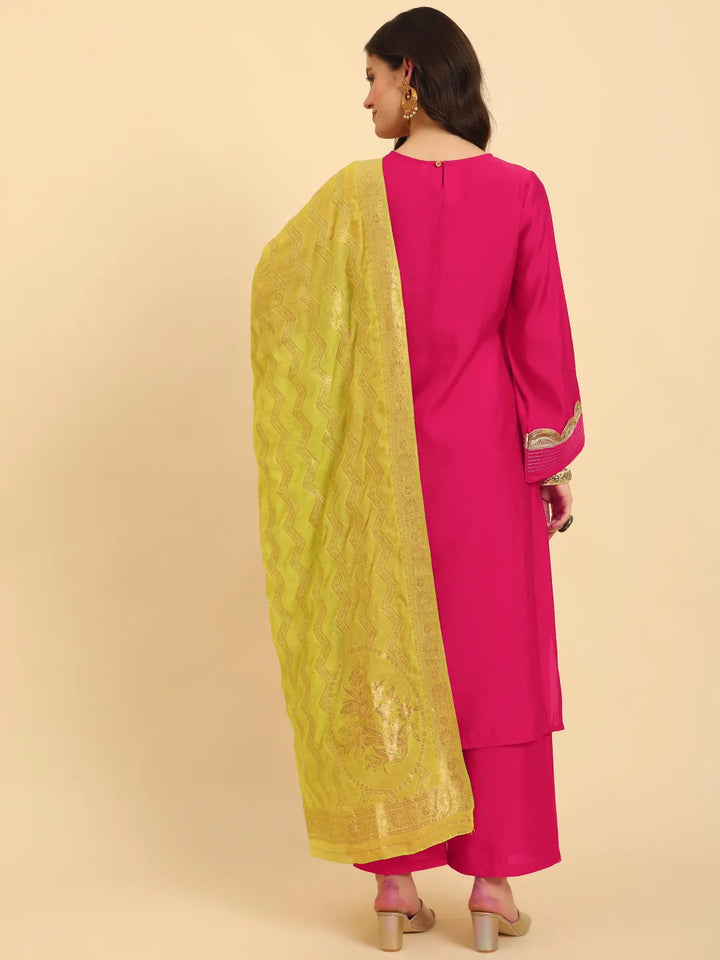 Pink Silk Flared Sleeves Kurta With Palazzo Banarasi Dupatta Set