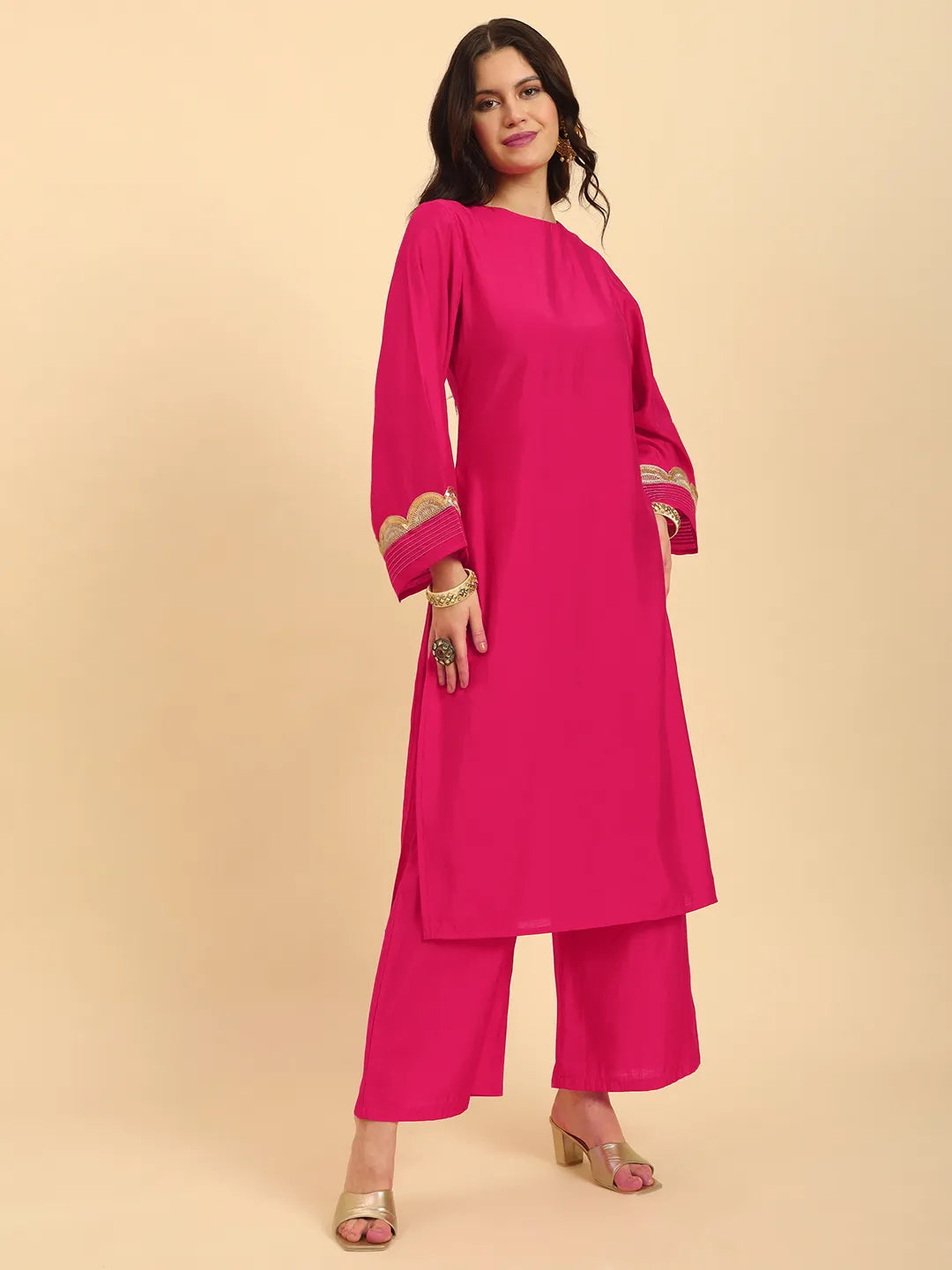 Pink Silk Flared Sleeves Kurta With Palazzo Banarasi Dupatta Set